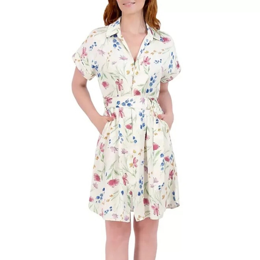 French Connection Womens Floral Short Shirt Dress Size XS Cream Pink Blue
